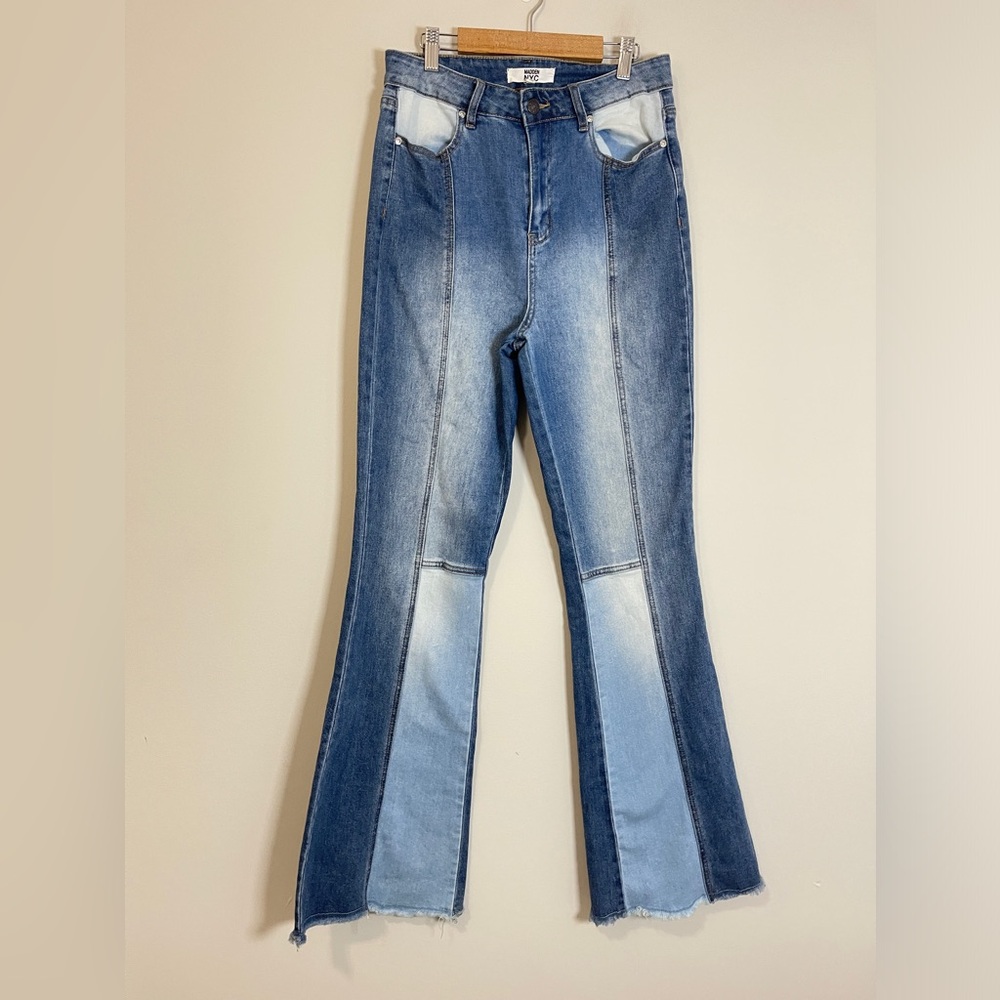 Madden NYC Womens Jeans Size 9 Blue Flare Leg Patchwork Frayed High Rise Denim